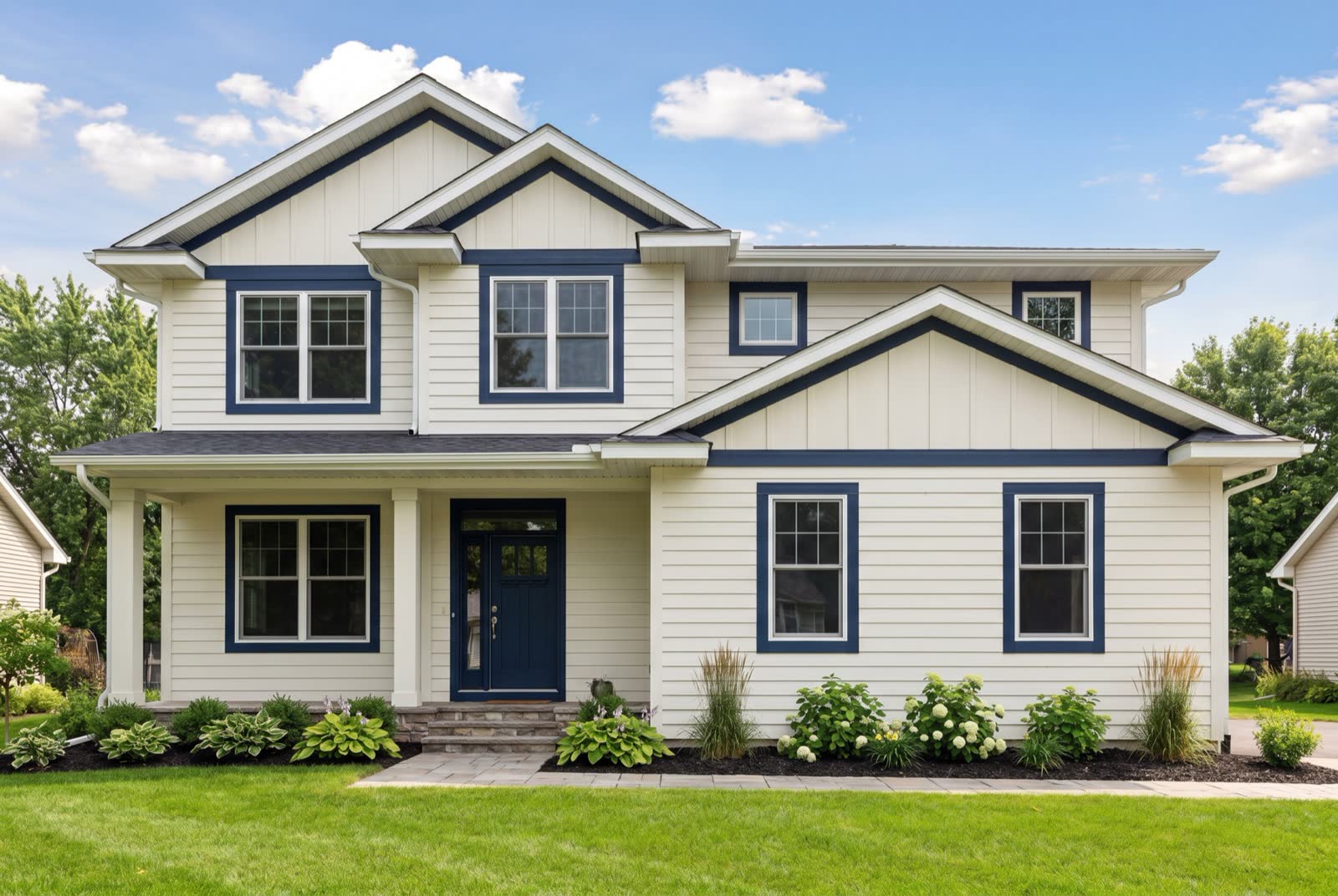 Freshly painted two-story home with crisp white siding and navy trim