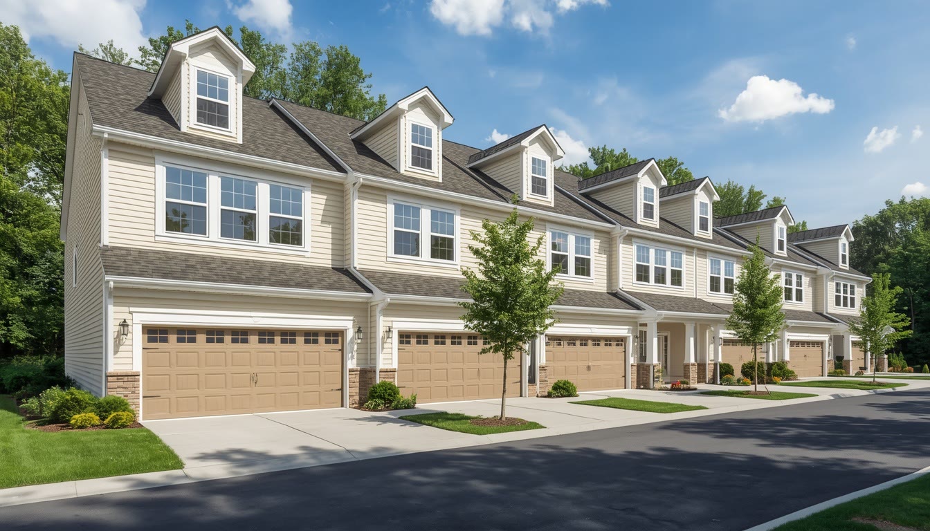 Row of freshly painted cream townhomes with white trim
