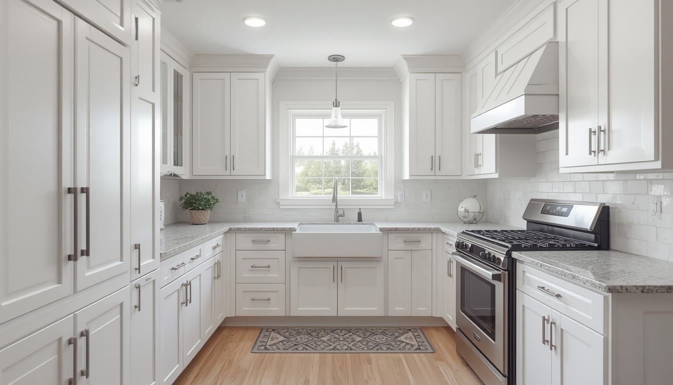 Bright kitchen with freshly painted white shaker cabinets