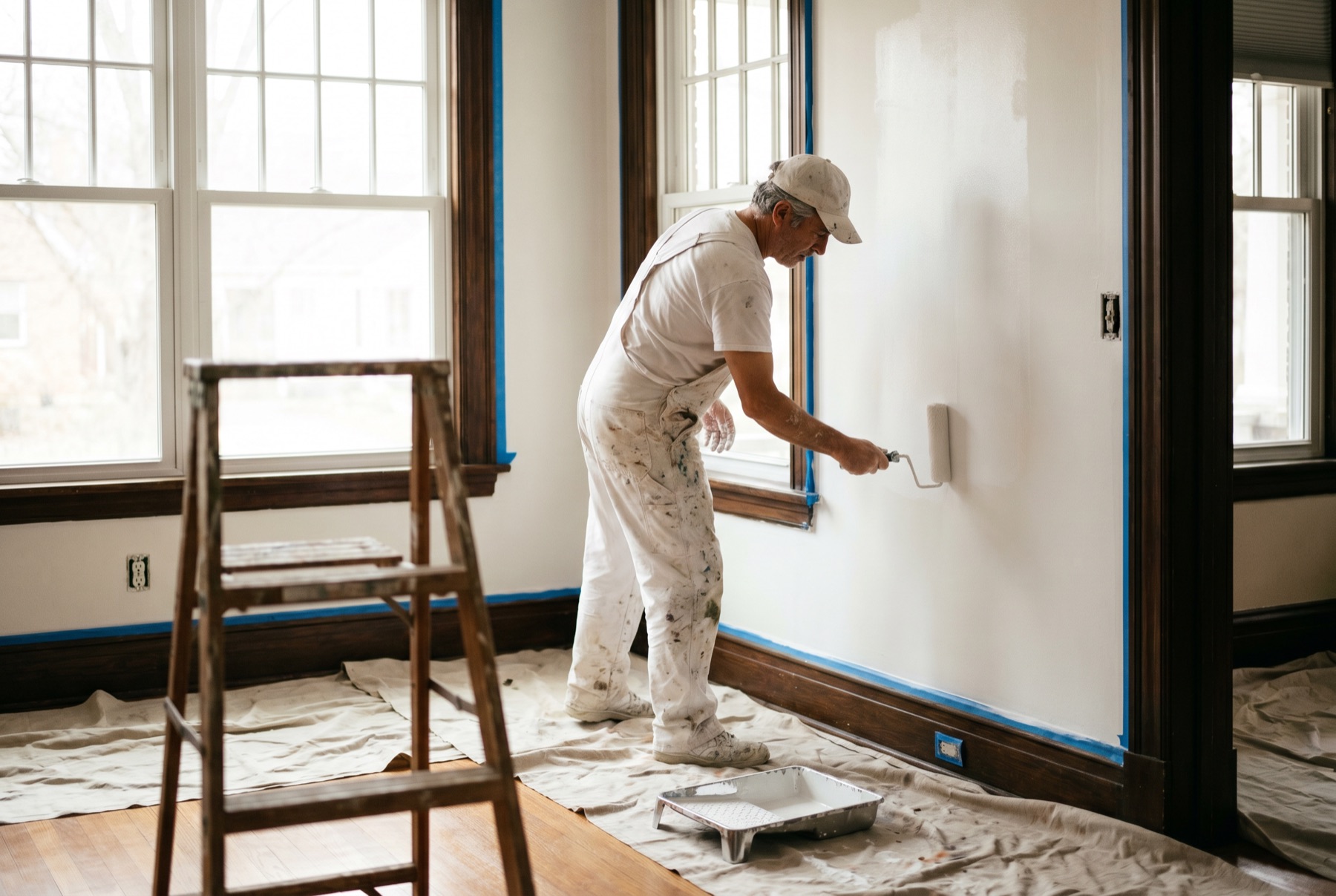Veteran painter carefully rolling fresh white paint in a west metro home