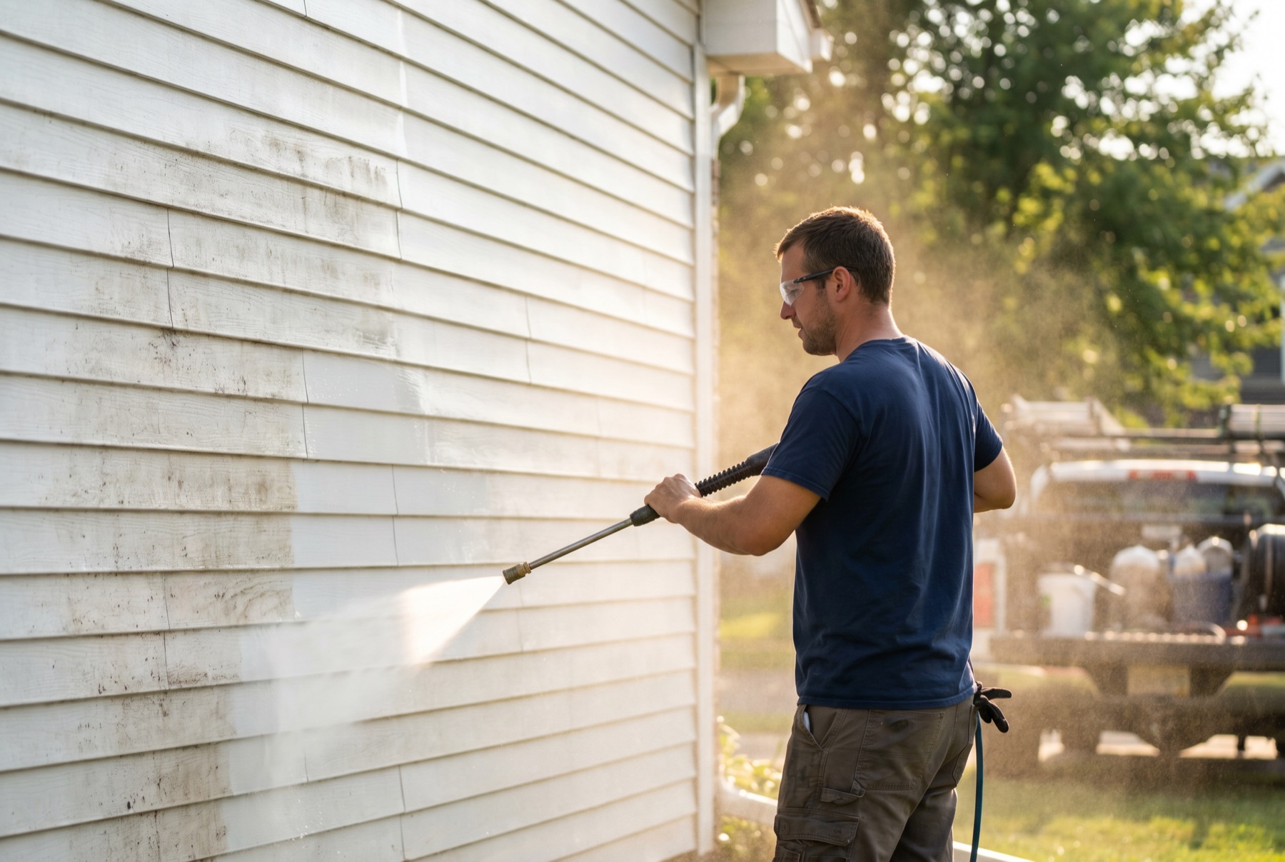 Technician pressure washing home siding, clean streak visible against dirty section